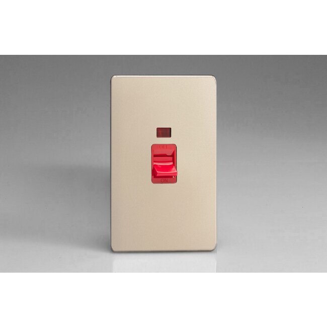 Varilight Screwless 45A Cooker Switch + Neon (Vertical Twin Plate, Red Rocker) Red Satin Red Insert