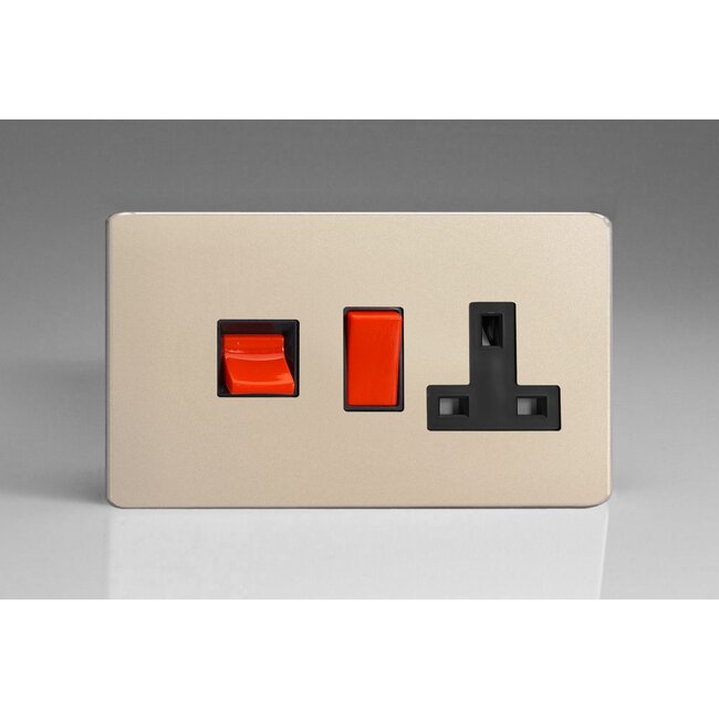 Varilight Screwless 45A Cooker Panel with 13A Double Pole Switched Socket Outlet (Red Rocker) Black Satin Black/Red Inserts