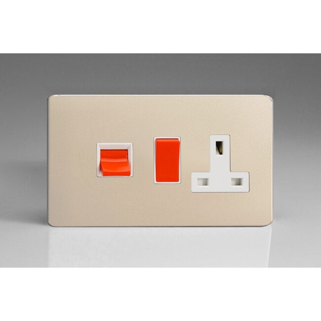 Varilight Screwless 45A Cooker Panel with 13A Double Pole Switched Socket Outlet (Red Rocker) White Satin White/Red Inserts