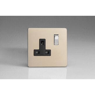 Varilight Screwless 1-Gang 13A Double Pole Switched Socket with Metal Rockers Black Satin Chrome/Black Inserts