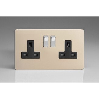 Varilight Screwless 2-Gang 13A Double Pole Switched Socket with Metal Rockers Black Satin Chrome/Black Inserts
