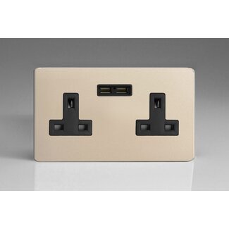 Varilight Screwless 2-Gang 13A Unswitched Socket + 2x5V DC 2100mA USB Charging Ports Black Satin Black Inserts