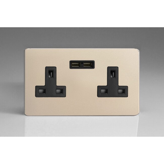 Varilight Screwless 2-Gang 13A Unswitched Socket + 2x5V DC 2100mA USB Charging Ports Black Satin Black Inserts