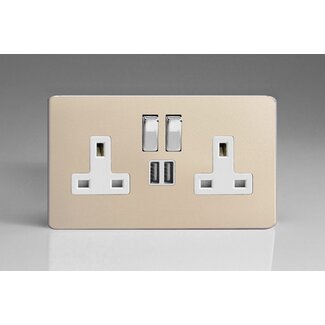 Varilight Screwless 2-Gang 13A Single Pole Switched Socket with Metal Rockers + 2x5V DC 2100mA USB Charging Ports  White Satin Chrome/White Inserts