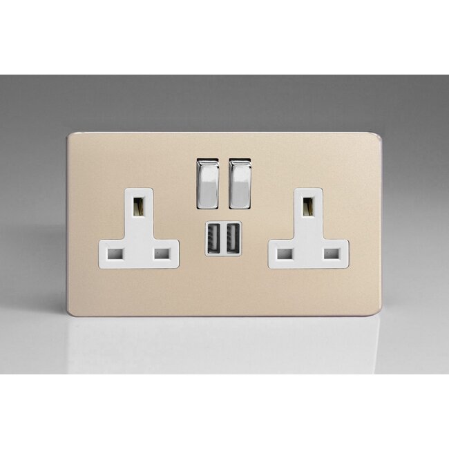 Varilight Screwless 2-Gang 13A Single Pole Switched Socket with Metal Rockers + 2x5V DC 2100mA USB Charging Ports  White Satin Chrome/White Inserts