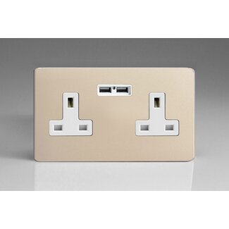 Varilight Screwless 2-Gang 13A Unswitched Socket + 2x5V DC 2100mA USB Charging Ports White Satin White Inserts
