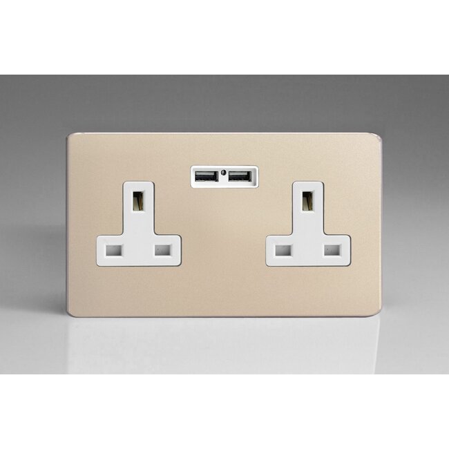 Varilight Screwless 2-Gang 13A Unswitched Socket + 2x5V DC 2100mA USB Charging Ports White Satin White Inserts