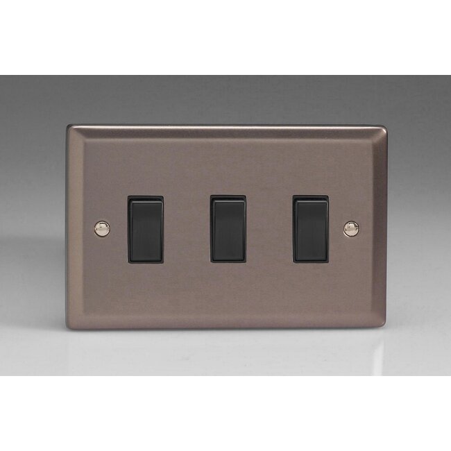 Varilight Classic 3-Gang 10A 1- or 2-Way Rocker Switch (Twin Plate) Black Pewter Black Rockers