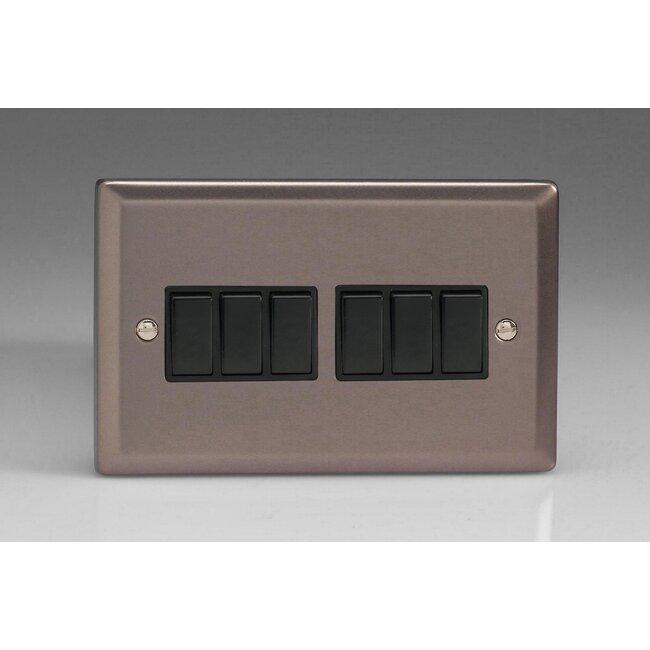 Varilight Classic 6-Gang 10A 1- or 2-Way Rocker Switch (Twin Plate) Black Pewter Black Rockers
