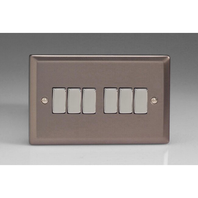 Varilight Classic 6-Gang 10A 1- or 2-Way Rocker Switch (Twin Plate) with Metal Rockers Decorative Pewter Chrome Rockers