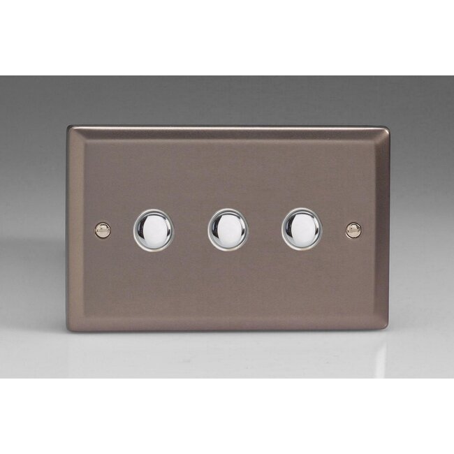 Varilight Classic 3-Gang 6A 1-Way Push-to-Make Momentary Switch (Twin Plate) Decorative Pewter Chrome Buttons