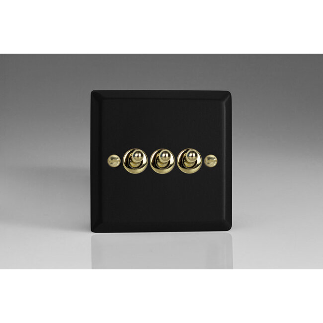 Varilight Vogue 3-Gang 10A 1- or 2-Way Toggle Switch Decorative Matt Black Polished Brass