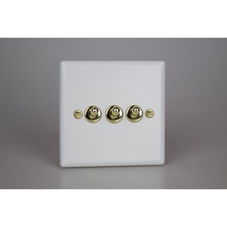 Varilight Vogue 3-Gang 10A 1- or 2-Way Toggle Switch Decorative Matt White Polished Brass