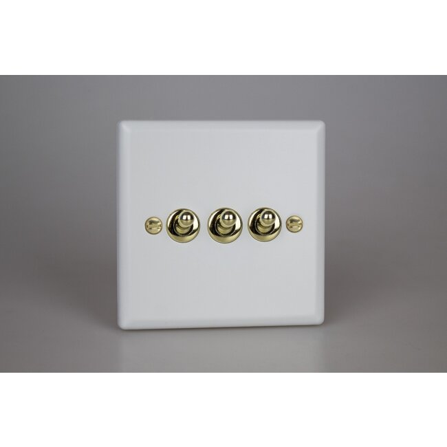 Varilight Vogue 3-Gang 10A 1- or 2-Way Toggle Switch Decorative Matt White Polished Brass