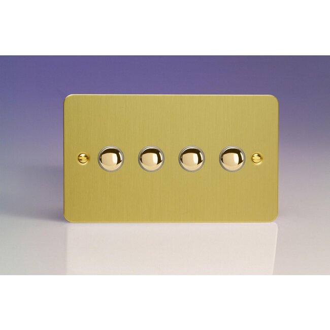 Varilight Ultraflat 4-Gang 6A 1- or 2-Way Push-On/Off Impulse Switch (Twin Plate) Decorative Brushed Brass Brass Buttons