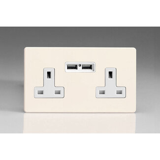 Varilight Screwless 2-Gang 13A Unswitched Socket with 5V DC 2100mA USB Charging Ports  White Primed White Inserts