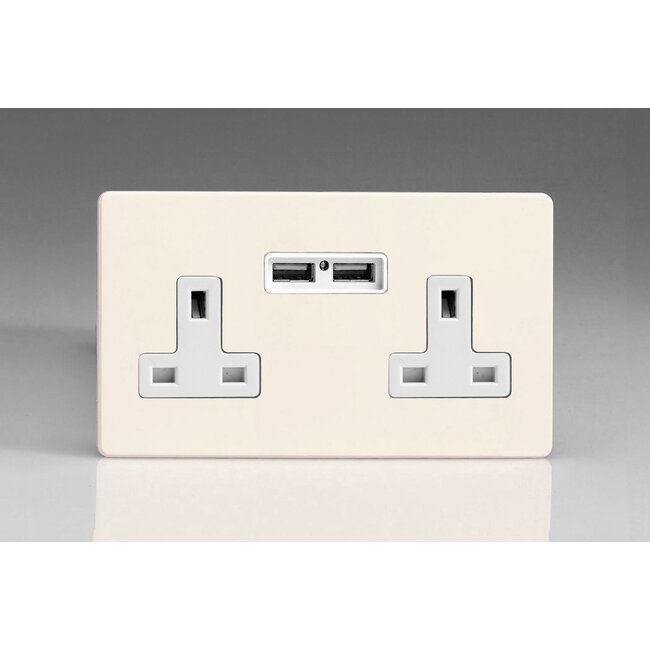 Varilight Screwless 2-Gang 13A Unswitched Socket with 5V DC 2100mA USB Charging Ports  White Primed White Inserts