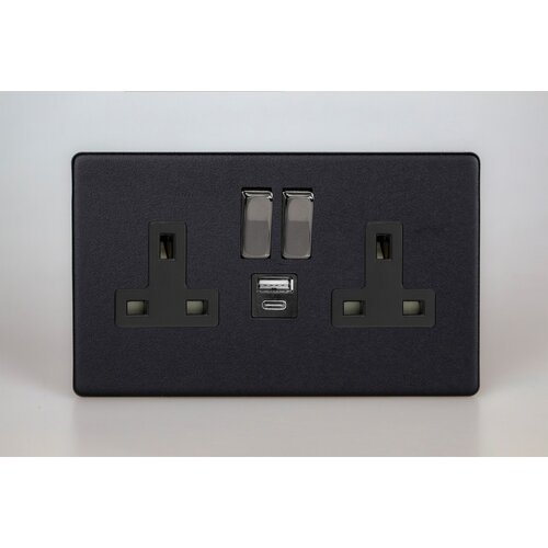 Varilight Urban Screwless 2-Gang 13A Single Pole Switched Socket with 1x USB A & 1x USB C Charging Ports Black Matt Black Iridium Rocker Varilight Urban Screwless 2-Gang 13A Single Pole Switched Socket with 1x USB A & 1x USB C Charging Ports Black Matt Black Iridium Rocker
