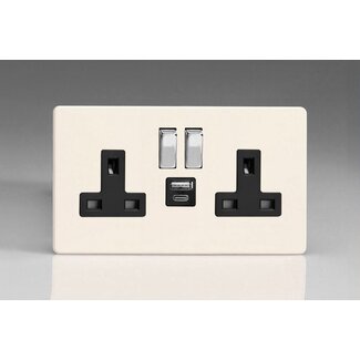 Varilight Screwless 2-Gang 13A Single Pole Switched Socket with 1x USB A & 1x USB C Charging Ports Black Primed Chrome Rocker