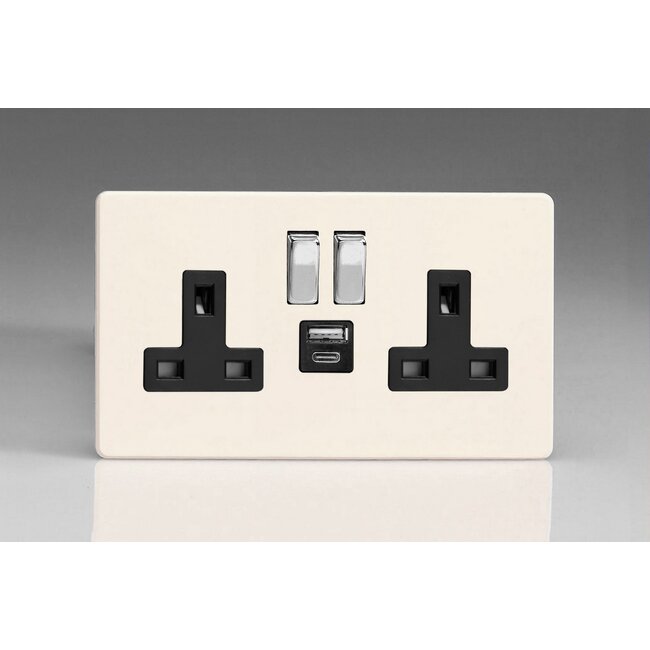 Varilight Screwless 2-Gang 13A Single Pole Switched Socket with 1x USB A & 1x USB C Charging Ports Black Primed Chrome Rocker