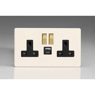 Varilight Screwless 2-Gang 13A Single Pole Switched Socket with 1x USB A & 1x USB C Charging Ports Black Primed Brass Rocker