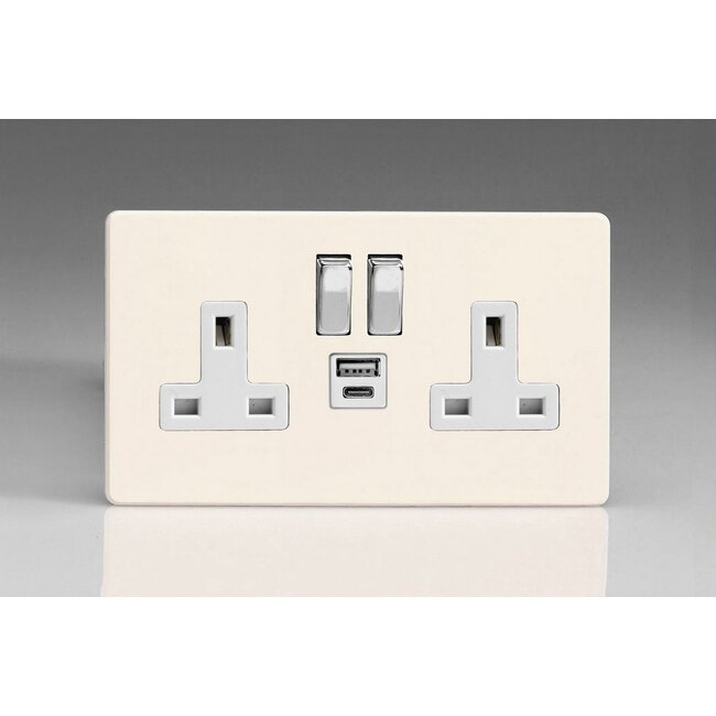 Varilight Screwless 2-Gang 13A Single Pole Switched Socket with 1x USB A & 1x USB C Charging Ports White Primed Chrome Rocker