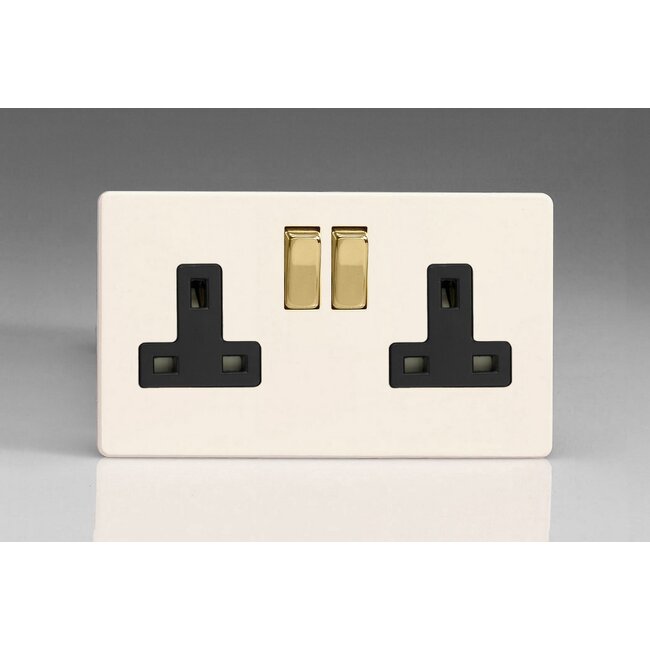 Varilight Screwless 2-Gang 13A Double Pole Switched Socket with Metal Rockers Black Primed Brass/Black Inserts