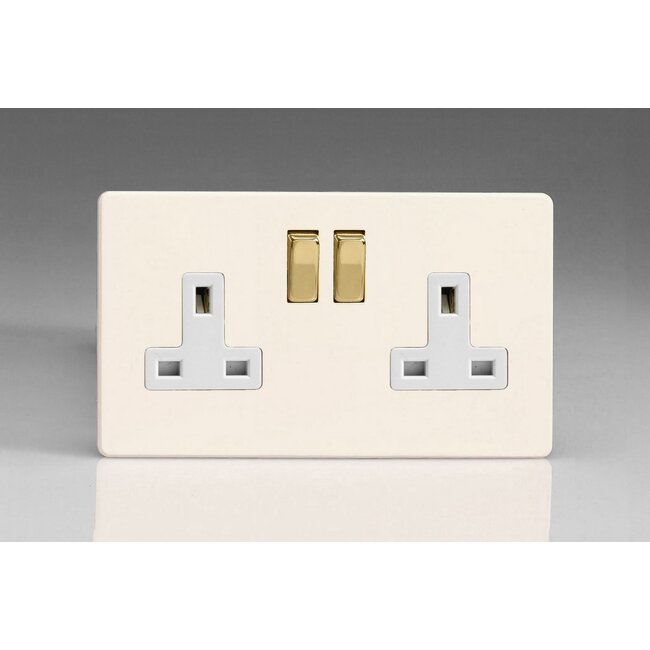 Varilight Screwless 2-Gang 13A Double Pole Switched Socket with Metal Rockers White Primed Brass/White Inserts