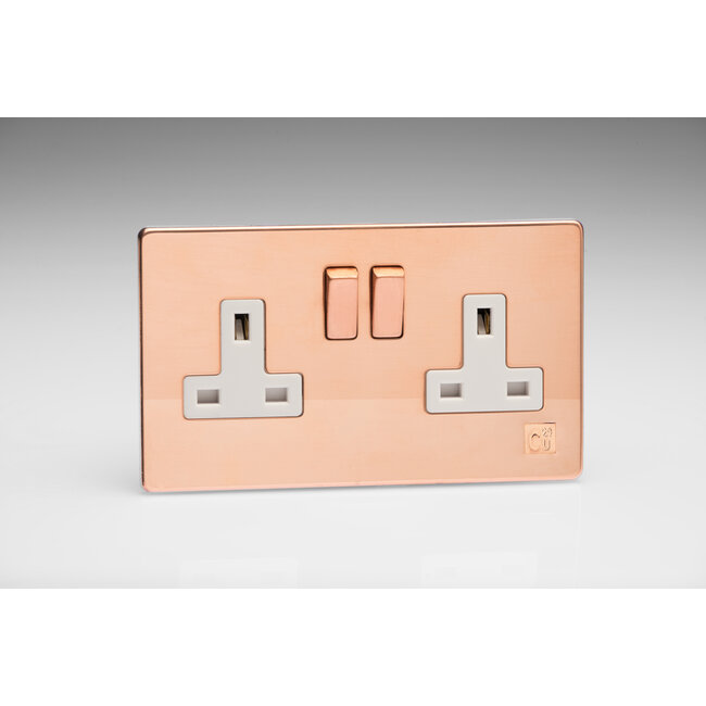 Varilight Screwless 2-Gang 13A Double Pole Switched Socket with Metal Rockers White Cu29 Raw Copper Copper/White Inserts