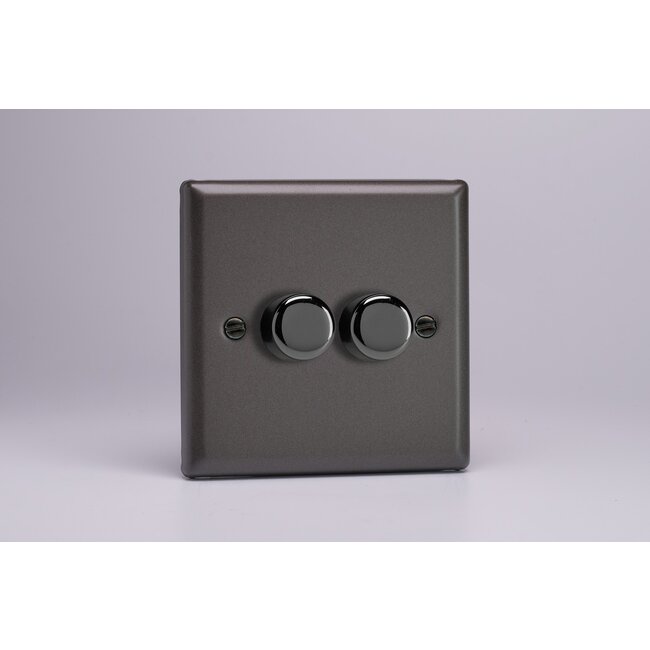 Varilight Classic 2-Gang 2-Way Push-On/Off Rotary LED Dimmer 2 x 0-120W (1-10 LEDs) V-Pro Graphite 21 Chrome Knobs