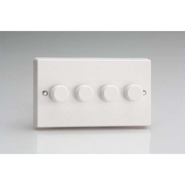 Varilight White 4-Gang 2-Way Push-On/Off Rotary LED Dimmer 4 x 0-120W (1-10 LEDs) (Twin Plate) V-Pro White Plastic White Knobs