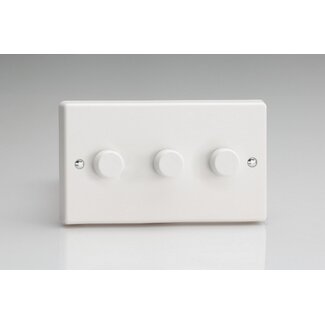 Varilight White 3-Gang 2-Way Push-On/Off Rotary LED Dimmer 3 x 0-120W (1-10 LEDs) (Twin Plate) V-Pro White Plastic White Knobs