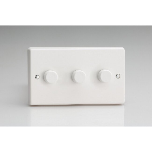 Varilight White 3-Gang 2-Way Push-On/Off Rotary LED Dimmer 3 x 0-120W (1-10 LEDs) (Twin Plate) V-Pro White Plastic White Knobs