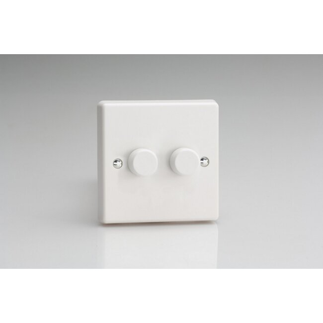 Varilight White 2-Gang 2-Way Push-On/Off Rotary LED Dimmer 2 x 0-120W (1-10 LEDs) V-Pro White Plastic White Knobs