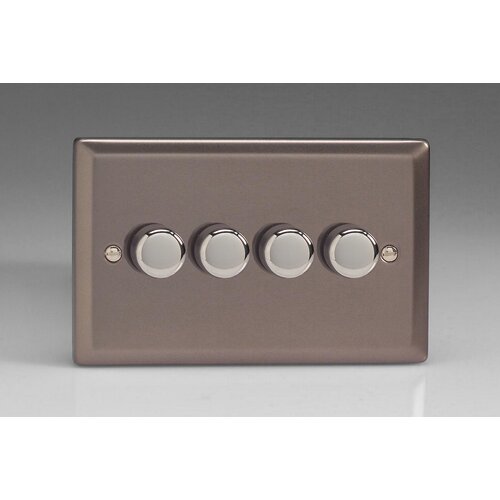 Varilight Classic 4-Gang 2-Way Push-On/Off Rotary LED Dimmer 4 x 0-120W (1-10 LEDs) (Twin Plate) V-Pro Pewter Chrome Knobs Varilight Classic 4-Gang 2-Way Push-On/Off Rotary LED Dimmer 4 x 0-120W (1-10 LEDs) (Twin Plate) V-Pro Pewter Chrome Knobs