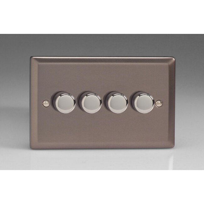 Varilight Classic 4-Gang 2-Way Push-On/Off Rotary LED Dimmer 4 x 0-120W (1-10 LEDs) (Twin Plate) V-Pro Pewter Chrome Knobs