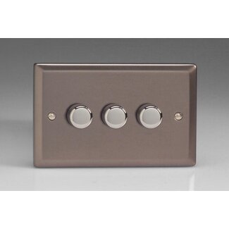 Varilight Classic 3-Gang 2-Way Push-On/Off Rotary LED Dimmer 3 x 0-120W (1-10 LEDs) (Twin Plate) V-Pro Pewter Chrome Knobs