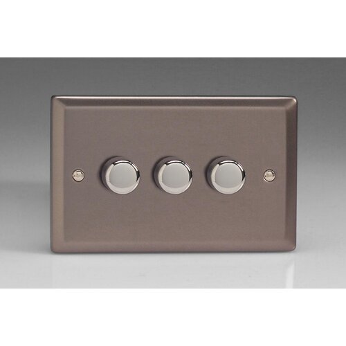 Varilight Classic 3-Gang 2-Way Push-On/Off Rotary LED Dimmer 3 x 0-120W (1-10 LEDs) (Twin Plate) V-Pro Pewter Chrome Knobs Varilight Classic 3-Gang 2-Way Push-On/Off Rotary LED Dimmer 3 x 0-120W (1-10 LEDs) (Twin Plate) V-Pro Pewter Chrome Knobs