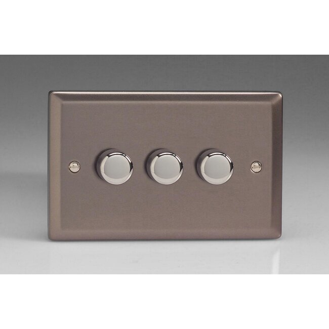 Varilight Classic 3-Gang 2-Way Push-On/Off Rotary LED Dimmer 3 x 0-120W (1-10 LEDs) (Twin Plate) V-Pro Pewter Chrome Knobs