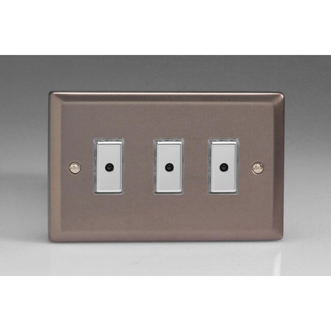Varilight Classic 3-Gang 1-Way V-Pro Multi-Point Remote/Tactile Touch Control Master LED Dimmer 3 x 0-100W (1-10 LEDs) (Twin Plate) V-Pro Multi-Point Remote (formerly Eclique2) Pewter Chrome Buttons