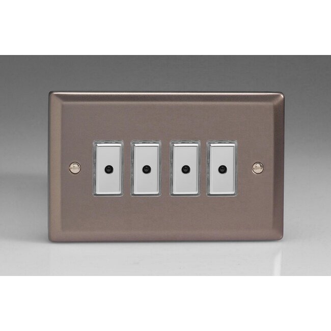 Varilight Classic 4-Gang 1-Way V-Pro Multi-Point Remote/Tactile Touch Control Master LED Dimmer 4 x 0-100W (1-10 LEDs) (Twin Plate) V-Pro Multi-Point Remote (formerly Eclique2) Pewter Chrome Buttons