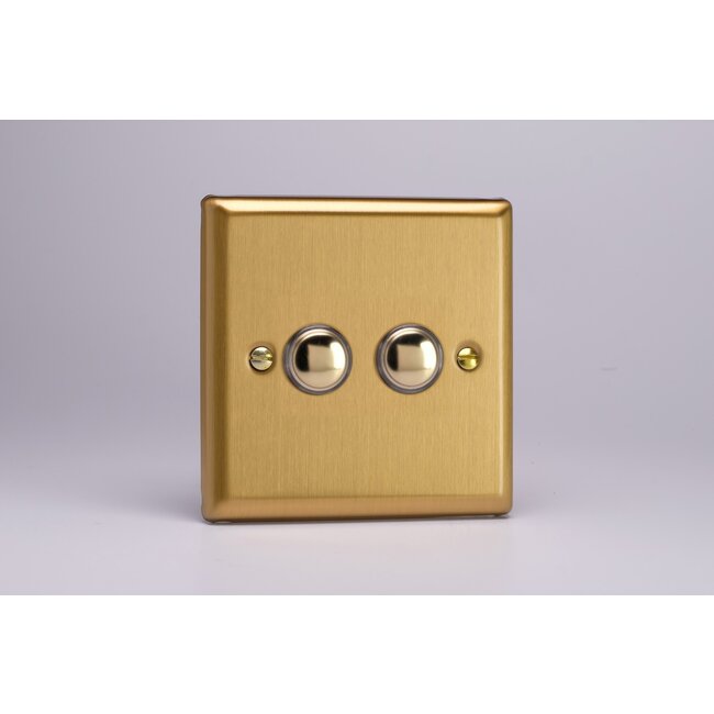 Varilight Classic 2-Gang 6A 1- or 2-Way Push-On/Off Impulse Switch Decorative Brushed Brass Brass Buttons