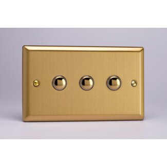Varilight Classic 3-Gang 6A 1- or 2-Way Push-On/Off Impulse Switch (Twin Plate) Decorative Brushed Brass Brass Buttons