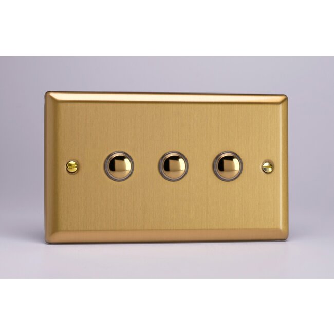 Varilight Classic 3-Gang 6A 1- or 2-Way Push-On/Off Impulse Switch (Twin Plate) Decorative Brushed Brass Brass Buttons