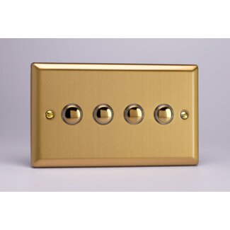 Varilight Classic 4-Gang 6A 1- or 2-Way Push-On/Off Impulse Switch (Twin Plate) Decorative Brushed Brass Brass Buttons