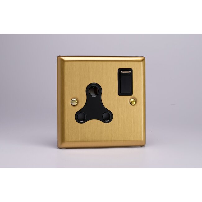 Varilight Classic 1-Gang 15A Round Pin Socket  Black Brushed Brass Black Insert
