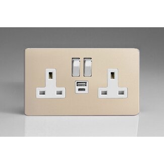 Varilight Screwless 2-Gang 13A Single Pole Switched Socket with 1x USB A & 1x USB C Charging Ports White Satin Chrome Rocker