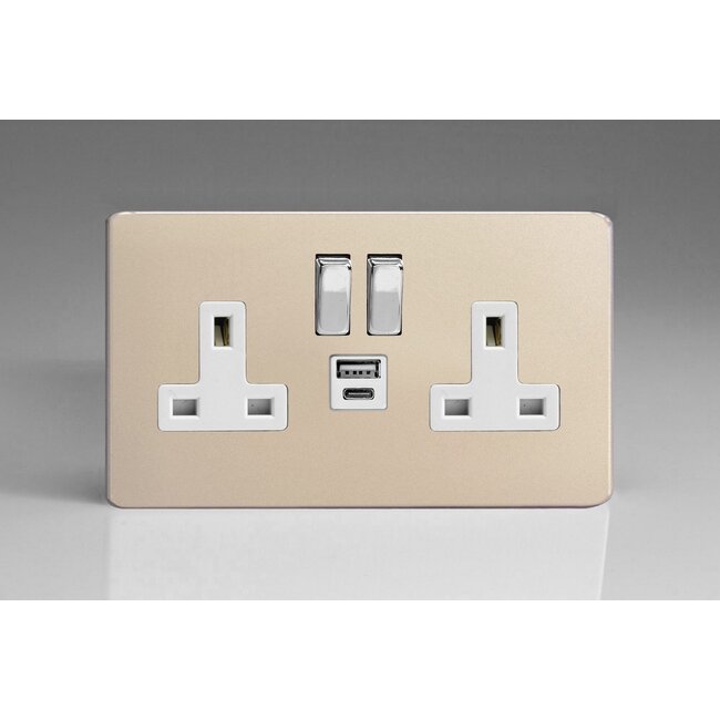 Varilight Screwless 2-Gang 13A Single Pole Switched Socket with 1x USB A & 1x USB C Charging Ports White Satin Chrome Rocker