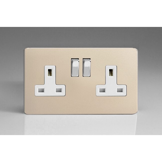 Varilight Screwless 2-Gang 13A Double Pole Switched Socket with Metal Rockers White Satin Chrome/White Inserts