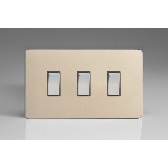 Varilight Screwless 3-Gang 10A 1- or 2-Way Rocker Switch (Twin Plate) Decorative Satin Chrome Rockers